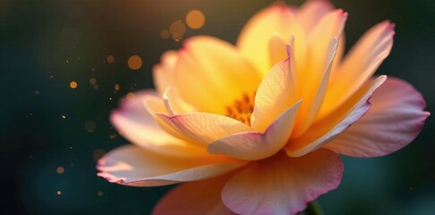 Softly glowing yellow sparkles dance across a delicate flower's petals, sparkles, soft