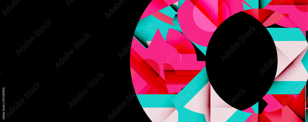 Poster Abstract geometric composition with interlocking circular and angular shapes, featuring smooth gradients and sharp contrasts on a white background