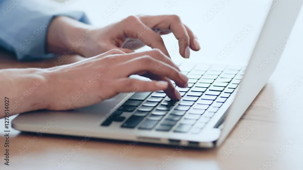 Poster A person is actively typing on a laptop, positioned on a sleek wooden desk. Natural light floods the area, enhancing focus and creating a productive atmosphere for work.