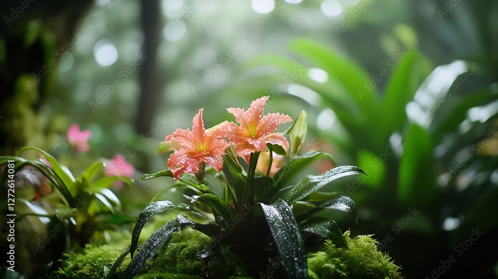 Poster close up of vibrant pink orchids surrounded by lush green foliage in a rainforest setting : generati