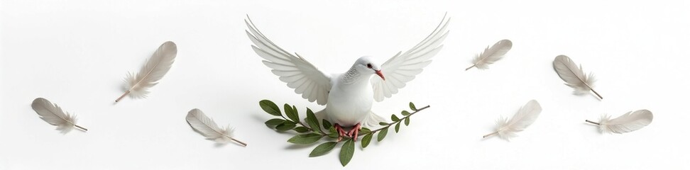Obraz premium Feathers scattered around a serene dove with cross and olive branch on white background, peaceful, dove, peace