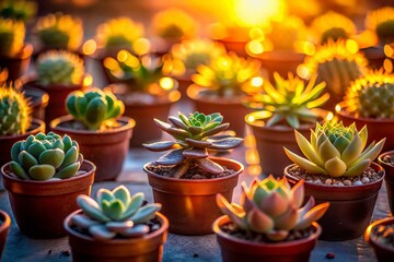 Silhouette of Miniature Succulents in Tiny Pots at Sunset