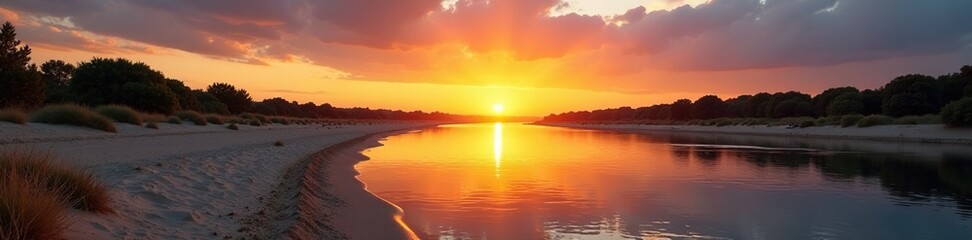 Il tramonto sul fiume con una spiaggia deserta, giallo, albero secco, spiaggia deserta