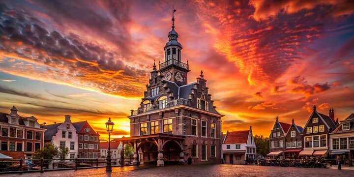 Silhouette of Medieval Weighing House, Alkmaar Cityscape, Sunset