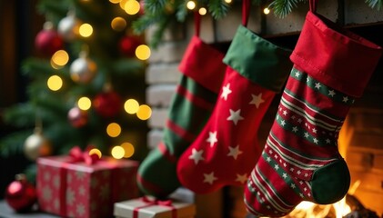 Red and green striped stockings by the chimney, holiday decorations, fireplace decor, gift wrapping