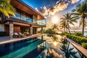 Fototapeta premium Silhouette of Modern Beach Villa with Infinity Pool at Midday
