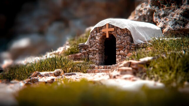 Stone Tomb  Cross  Resurrection  Holy Week  Easter  3D Render  Religious  Spiritual  Shrin