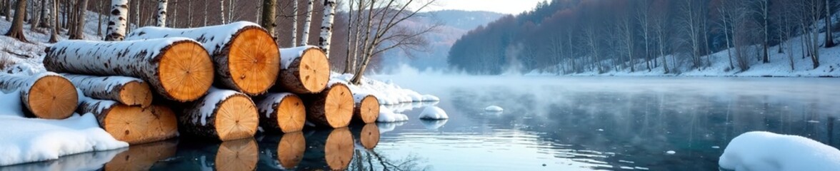 Stacked white birch logs in a frozen lake or river, ice, icy, woodpile