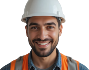 Smiling Construction Worker in Hard Hat Portrait Close Up