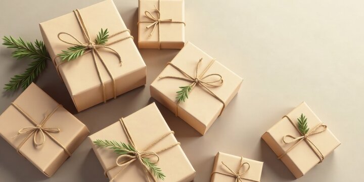 A collection of modestly sized presents wrapped in eco-friendly kraft paper, adorned with sprigs of greenery and tied with natural twine bows.