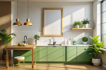 Fototapeta premium Silhouette of Poster Frame Mockup in Modern Kitchen - White Wall 3D Render