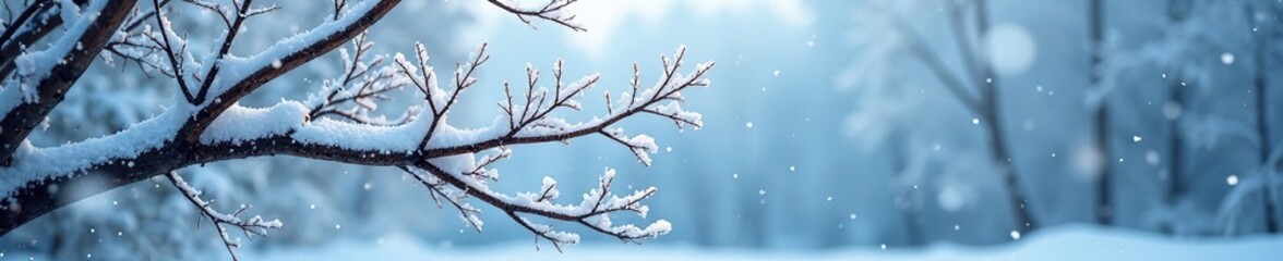 Icy tree branches in a winter landscape with falling snow, ice, cold, snowfall