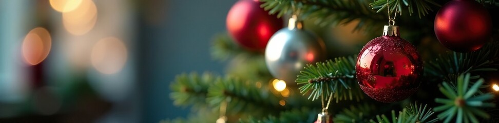 Red and silver ornaments hung on a Christmas tree, merry christmas, holiday decoration