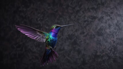 Obraz premium A Vibrant Hummingbird in Flight Against a Dark Textured Background, Displaying its Iridescent Plumage and Delicate Wings