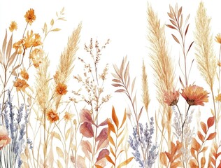 Watercolor Dried Flowers and Plants Border