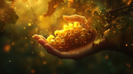 Golden Bounty: A hand cradles a cluster of glowing golden orbs, evoking a sense of wonder, abundance, and the touch of magic, framed by a mystical atmosphere.