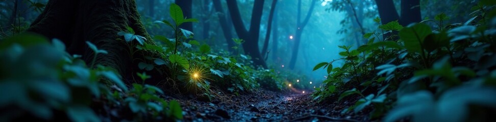 Fototapeta premium Bioluminescent glow in the rainforest undergrowth, insect life, bioluminescence, forest