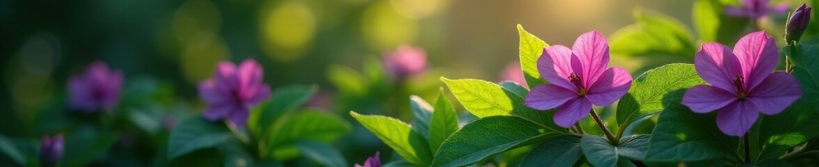 Dark purple flowers on large leaved evergreen glow softly in sunlight, foliage, flora