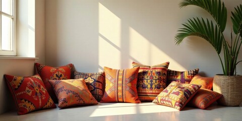 Sunlit Room Decorated with a Collection of Vibrant Orange and Red Throw Pillows Featuring Intricate Woven Patterns