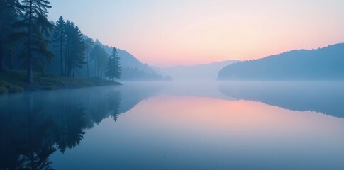 Fototapeta premium Soft blue mist rises over a serene lake at dawn, morning, dawn