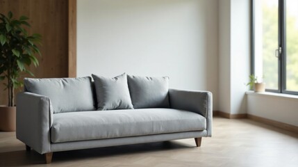 Fototapeta premium A light grey fabric sofa with three pillows sits in a minimalist living room with wooden floors and a large window, showcasing a serene and modern interior design aesthetic.