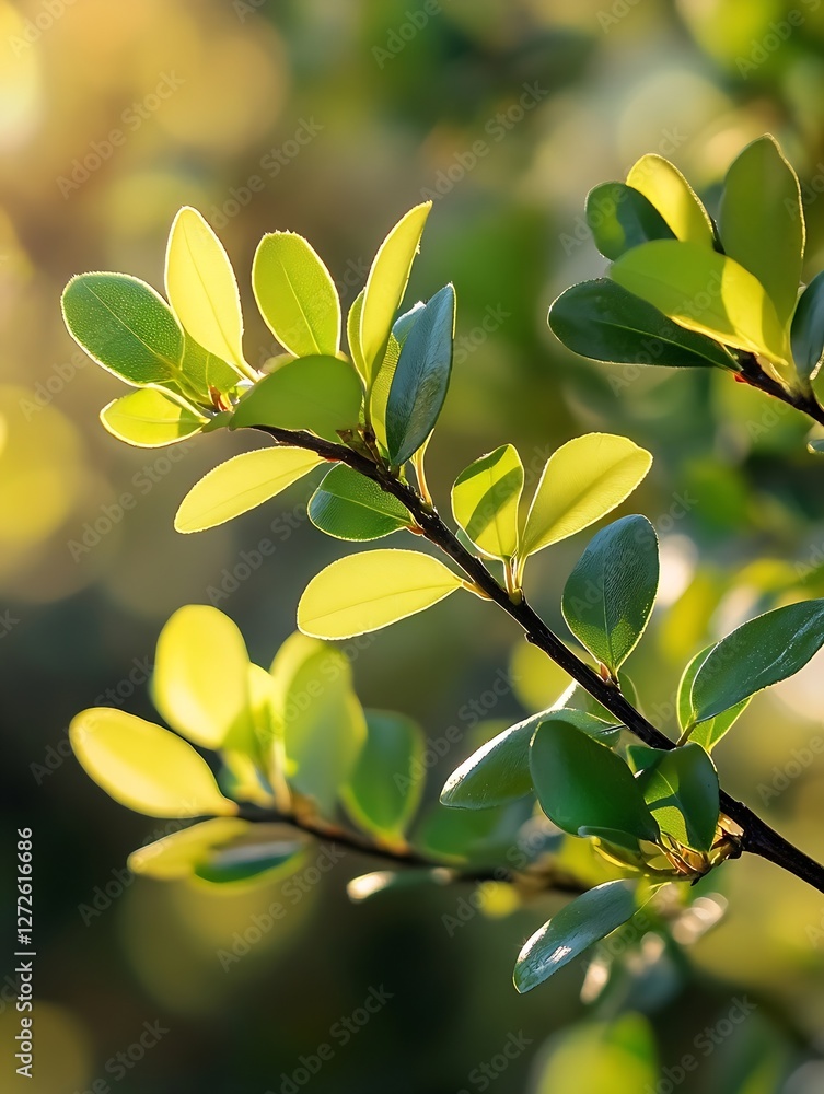 Poster close up of fresh green leaves on a branch glowing in the soft morning light : generative ai