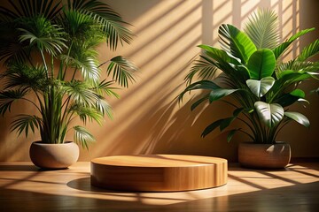Fototapeta premium Silhouette of Tropical Plants on Round Wooden Display Platform Against Beige Wall