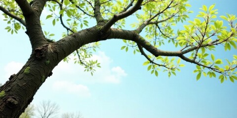 Fototapeta premium Low-angle view of a tree branch with vibrant spring leaves against a serene blue sky