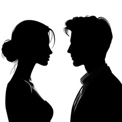 Silhouette of a couple, a romantic moment, Man and woman silhouette face to face isolated PNG