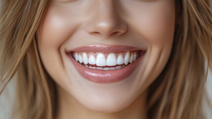 Obraz premium Cheerful woman's smile with sparkling teeth at dental clinic bright environment close-up view for lip care