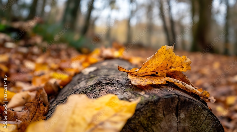 Aufkleber Beautiful Close-Up of Autumn Leaves on a Log with a Soft Focus Background : Generative AI
