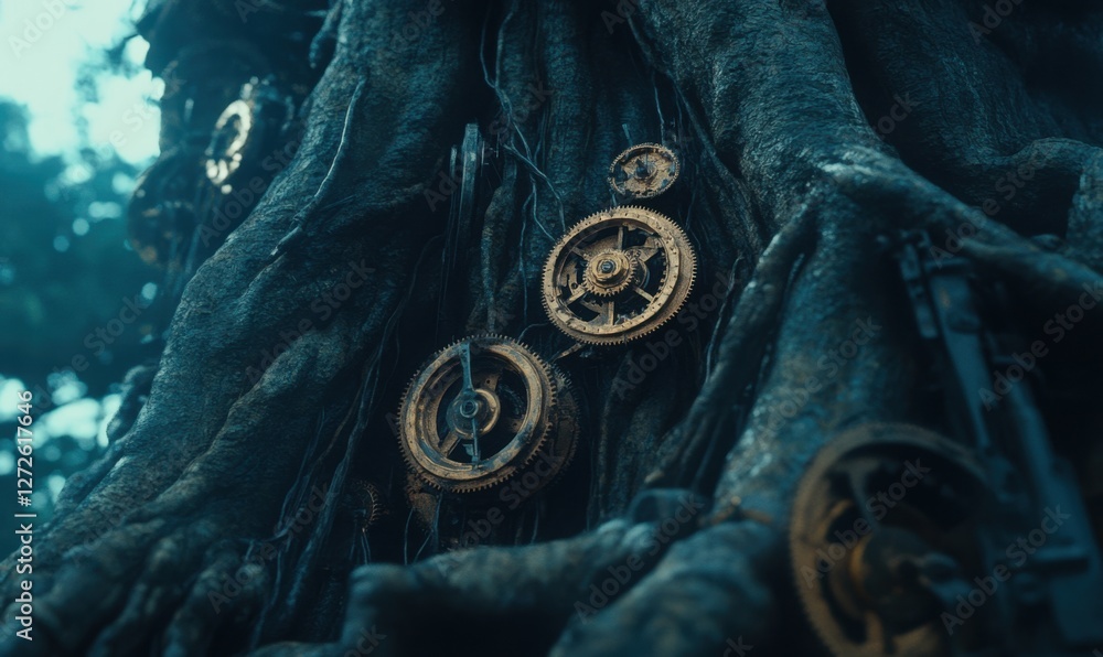 Poster ancient tree with intricate clockwork mechanisms integrated into its bark, surrounded by misty fores