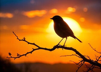 Silhouette Robin Bird Perched on Branch at Sunset