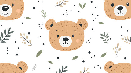 Cute bear faces pattern with leaves and flowers
