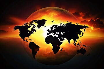 Silhouette World Map Centered on Asia - Dramatic Sunset