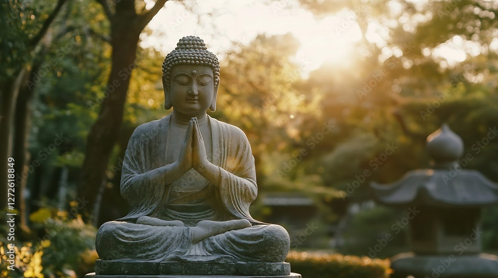 Poster peaceful buddha statue meditating in serene garden with soft sun rays in the background : generative
