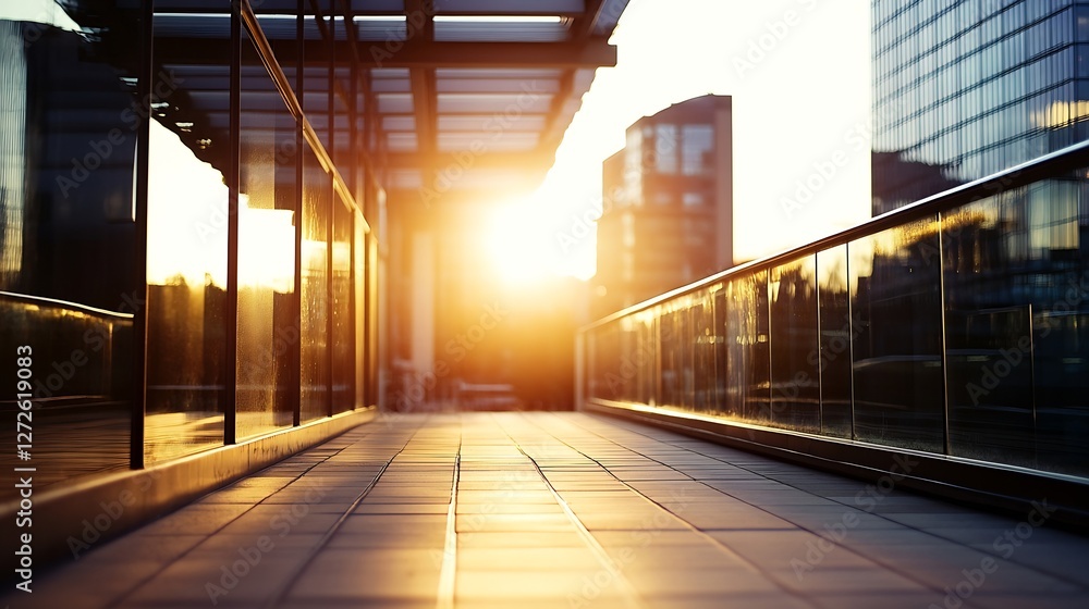 Poster sunset glowing through modern buildings creating a warm urban atmosphere : generative ai
