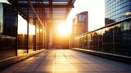 Fototapeta premium Sunset glowing through modern buildings creating a warm urban atmosphere : Generative AI