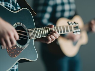 Two musicians playing acoustic guitars in a cozy indoor setting, focused on their craft