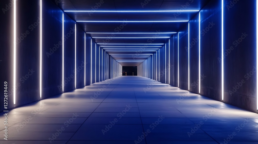 Poster futuristic tunnel with blue neon lights creating a modern aesthetic atmosphere : generative ai