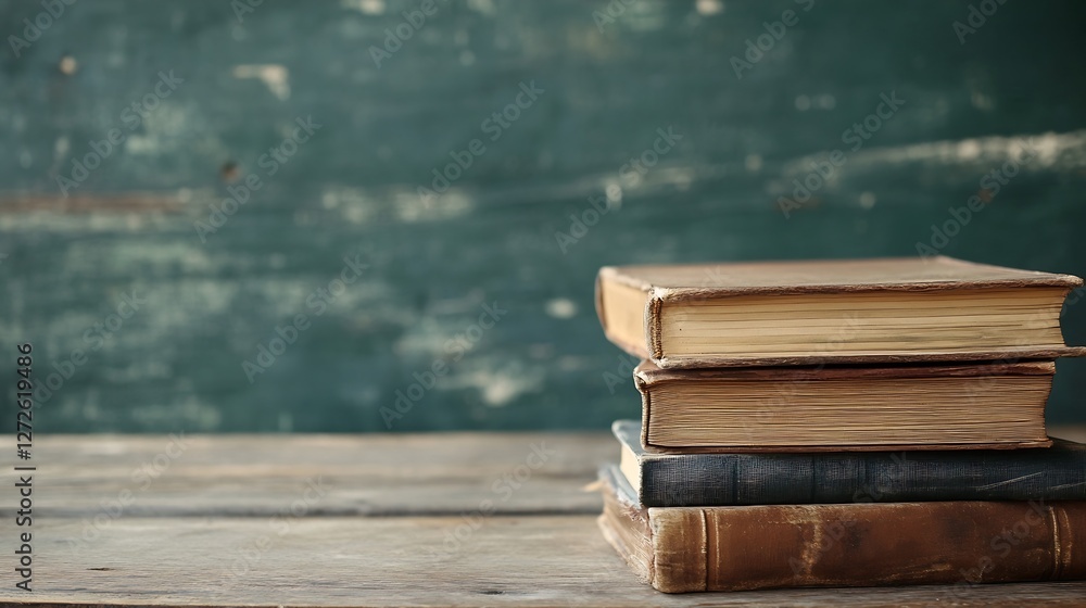 Poster vintage stacked books on rustic wooden table for learning and knowledge : generative ai