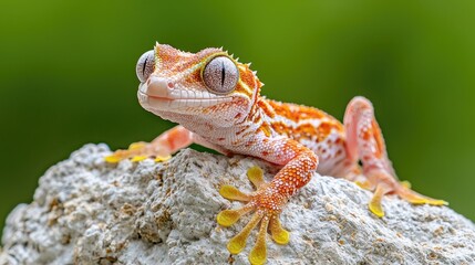 Fototapeta premium Colorful orange and white gecko perched on a rough stone with a soft green background in bright daylight.