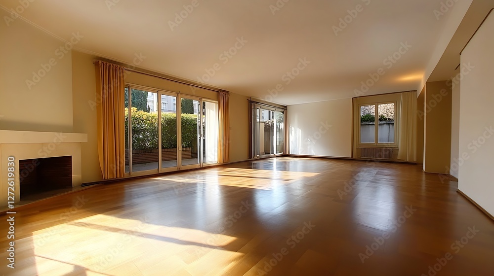 Poster Bright Empty Living Room with Large Windows and Sunlight Streaming In : Generative AI