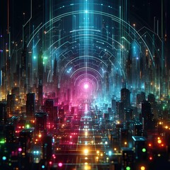 Obraz premium Futuristic abstract technology city background with glowing holographic effect