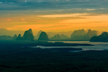 High angle nature background from a beautiful viewpoint of the mountain in the middle of the sea in...