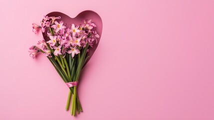 Heart Shaped Hyacinth Bouquet on Pink Background  Spring Flowers  Flat Lay  Banner