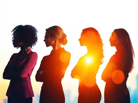 Imagem com quatro mulheres diferentes em sobreposi&ccedil;&atilde;o de luzes, em fundo branco, celebrando o Dia das Mulheres