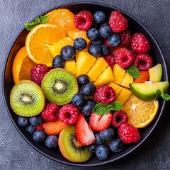 Obraz premium Vibrant assortment of fresh fruits arranged in a black bowl, showcasing colorful variety