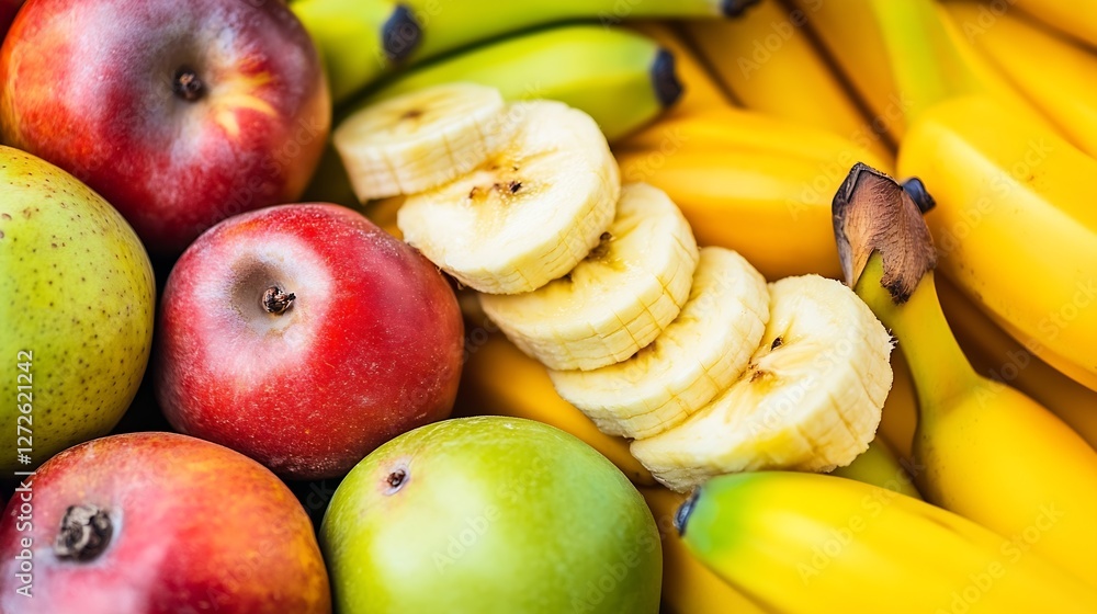 Poster fresh colorful assortment of fruits including bananas and apples sliced for a healthy snack : genera