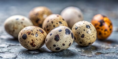 Fototapeta premium Small Spotted Quail Eggs & Natural Gray Stone on Light Background - Selective Focus Stock Photo